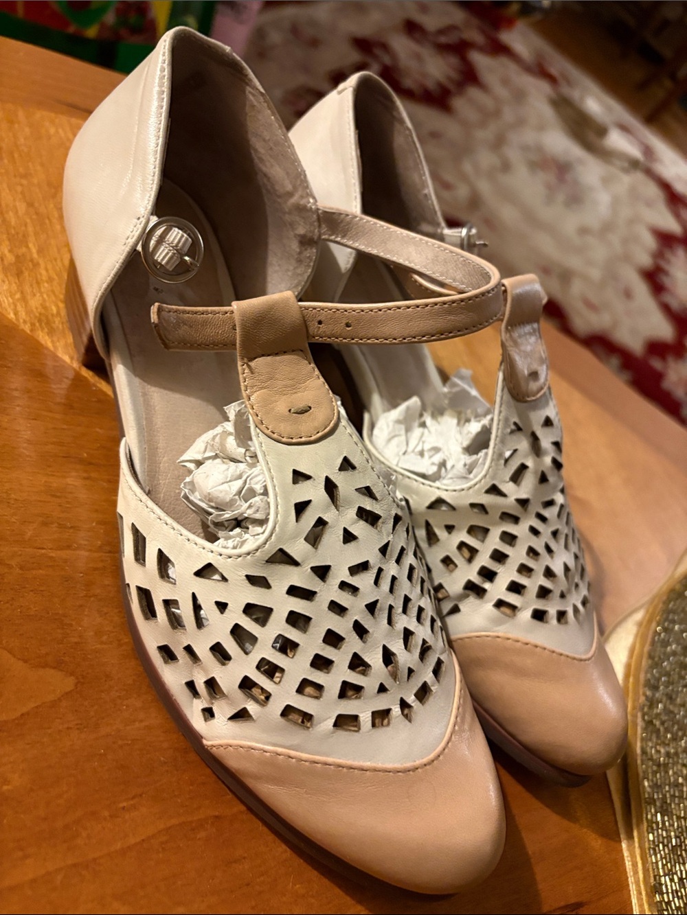 Spring Step Cream and Tan Laser-Cut T-Strap Flats